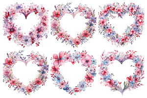 Watercolor Floral Hearts Clipart Set