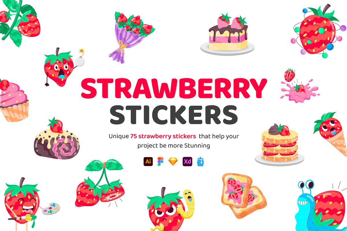 Flat Strawberry Stickers, an Emoji Icon by Vectors Market (Photo 1 of 4)