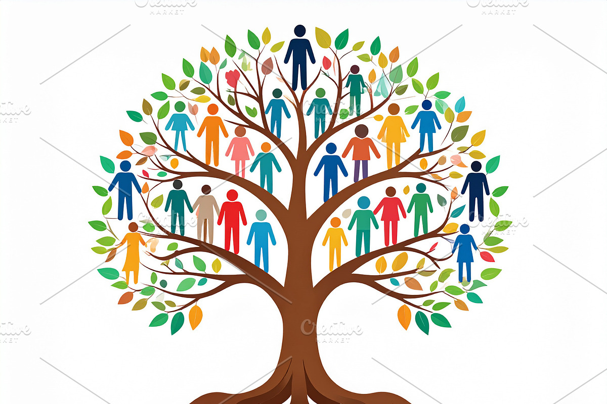 Tree with roots and branches forming human figures of various sh, a Decorative Illustration by DanFLCreativo
