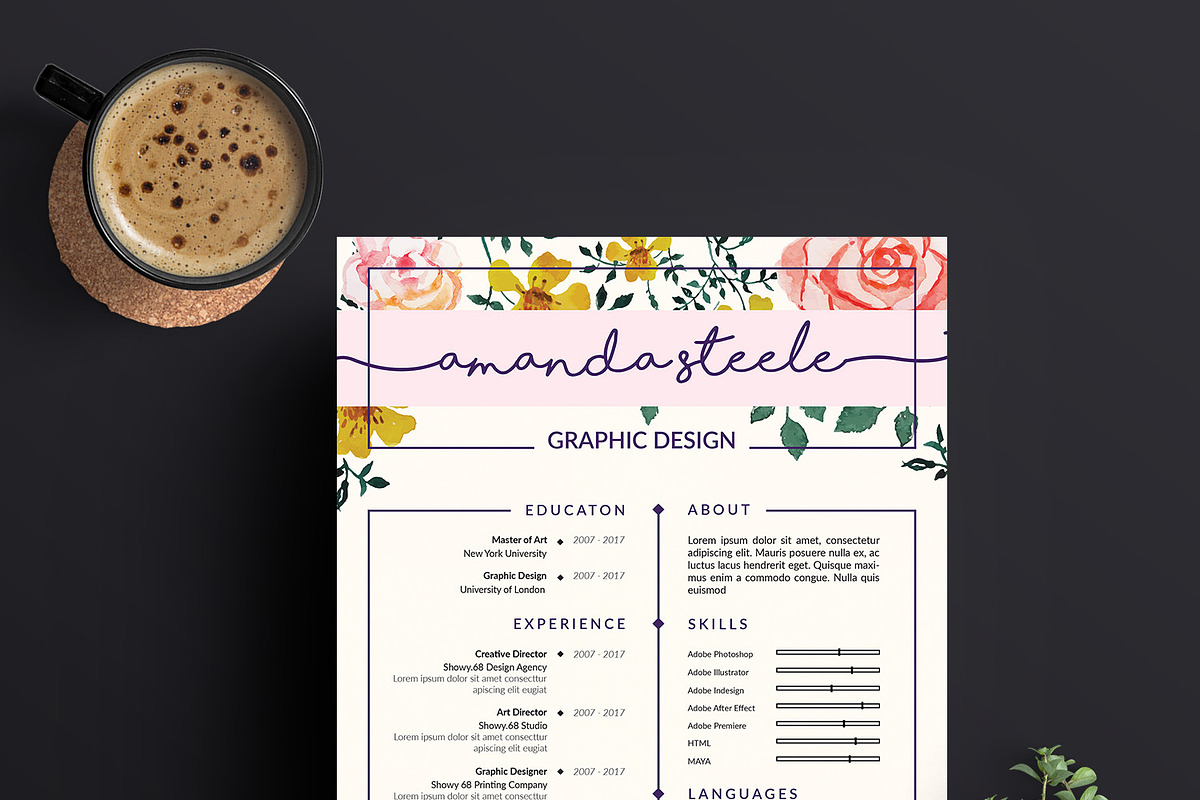 Floral Resume Template/CV template N, a Templates & Theme by Showy68 Template (Photo 3 of 5)