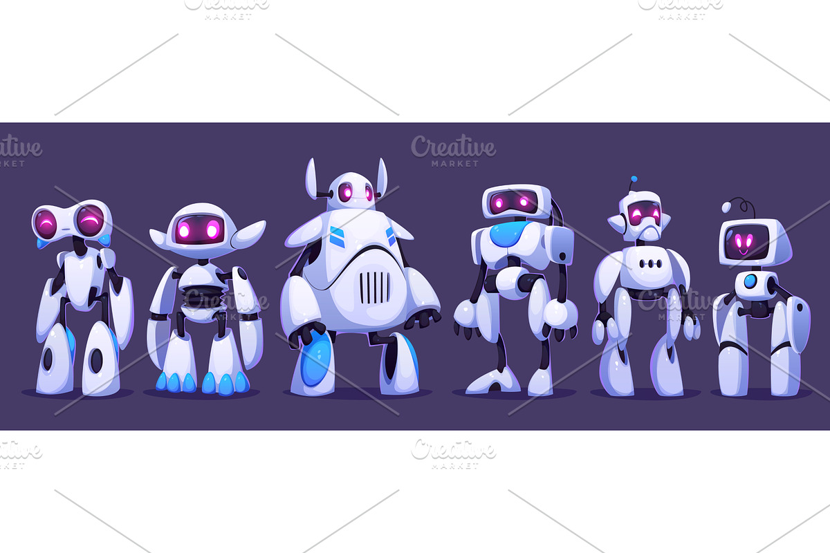 Futuristic robots, cartoon droids, a Technology Illustration by Vector Tradition