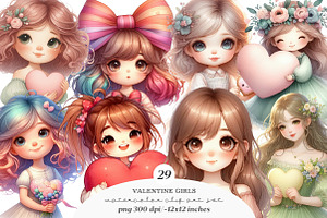Watercolor Valentine Girls Clipart, an Illustration by SinaCreation