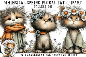Whimsical Spring Floral Cat Clipart, an Illustration by OK Design