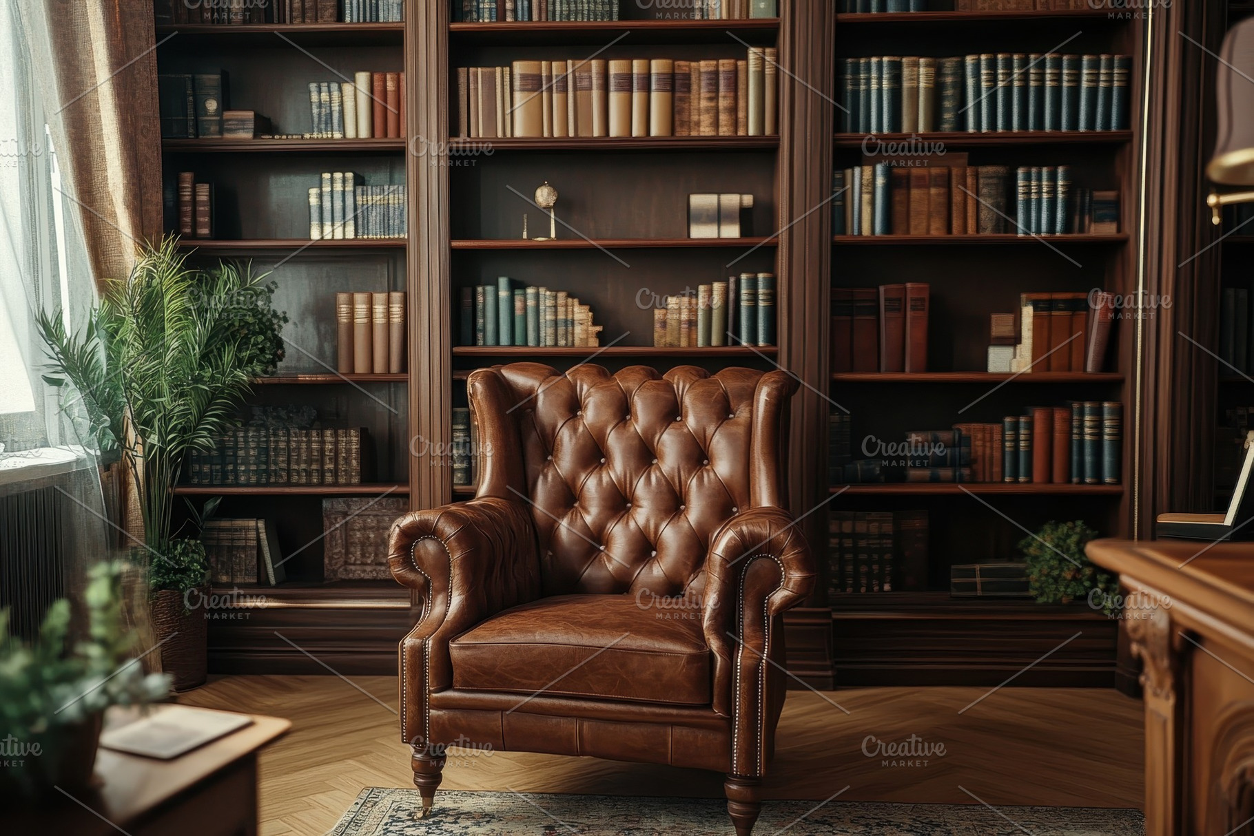 Cozy library featuring a leather cha, a Photo by Pavel_design