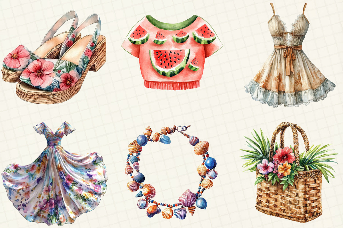 Watercolor Summer Fashion Clipart, an Illustration by OK Design (Photo 4 of 5)