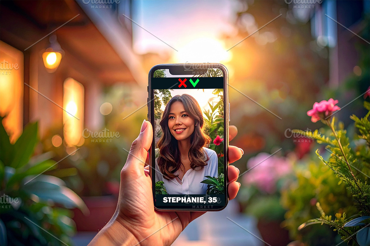 Hand holding a smartphone with screen showing a dating app, a Technology Illustration by DanFLCreativo