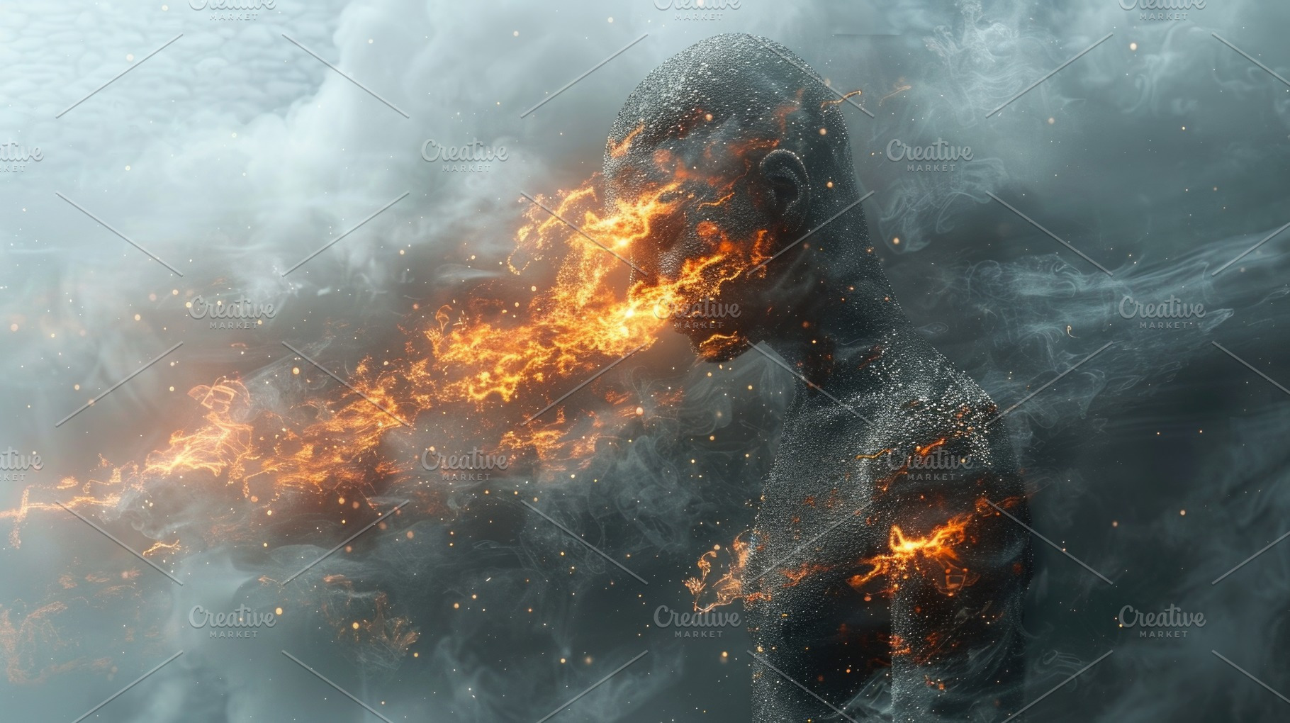 Abstract Human Figure Breathing Fire and Smoke in Dark Cinematic, a Background Photo by José Manuel Gelpi
