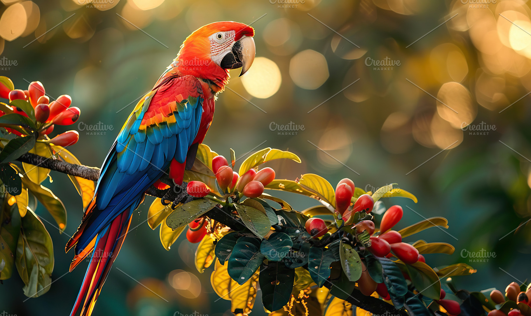 A colorful macaw on a branch amid be, a Photo by LOGOCREATIVE