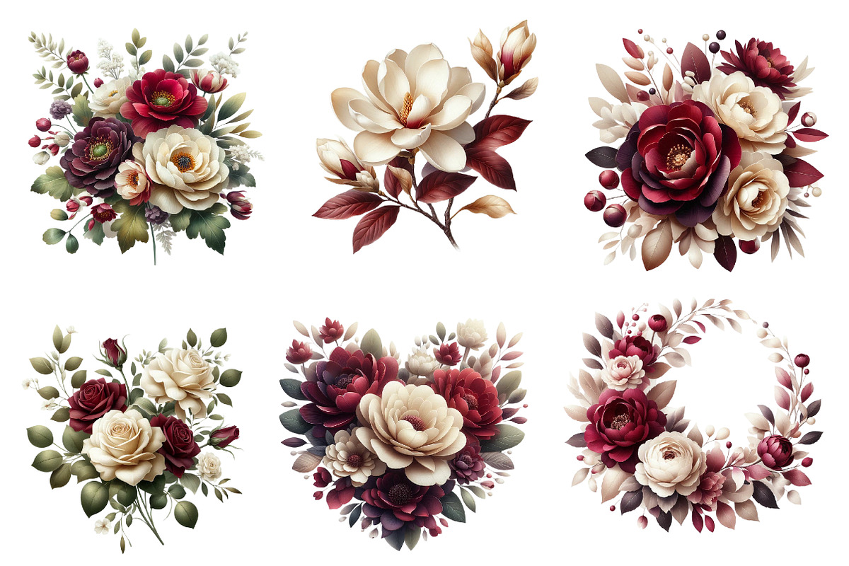 Burgundy & Ivory Floral Clipart, an Illustration by Dream Creation (Photo 4 of 7)