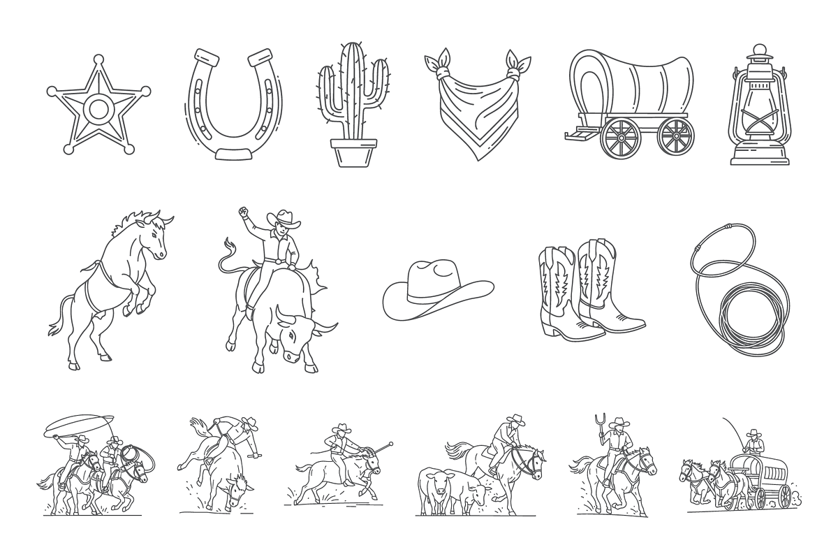 Western Rodeo Line Art Vector Icons, an Animal Illustration by MkStudio