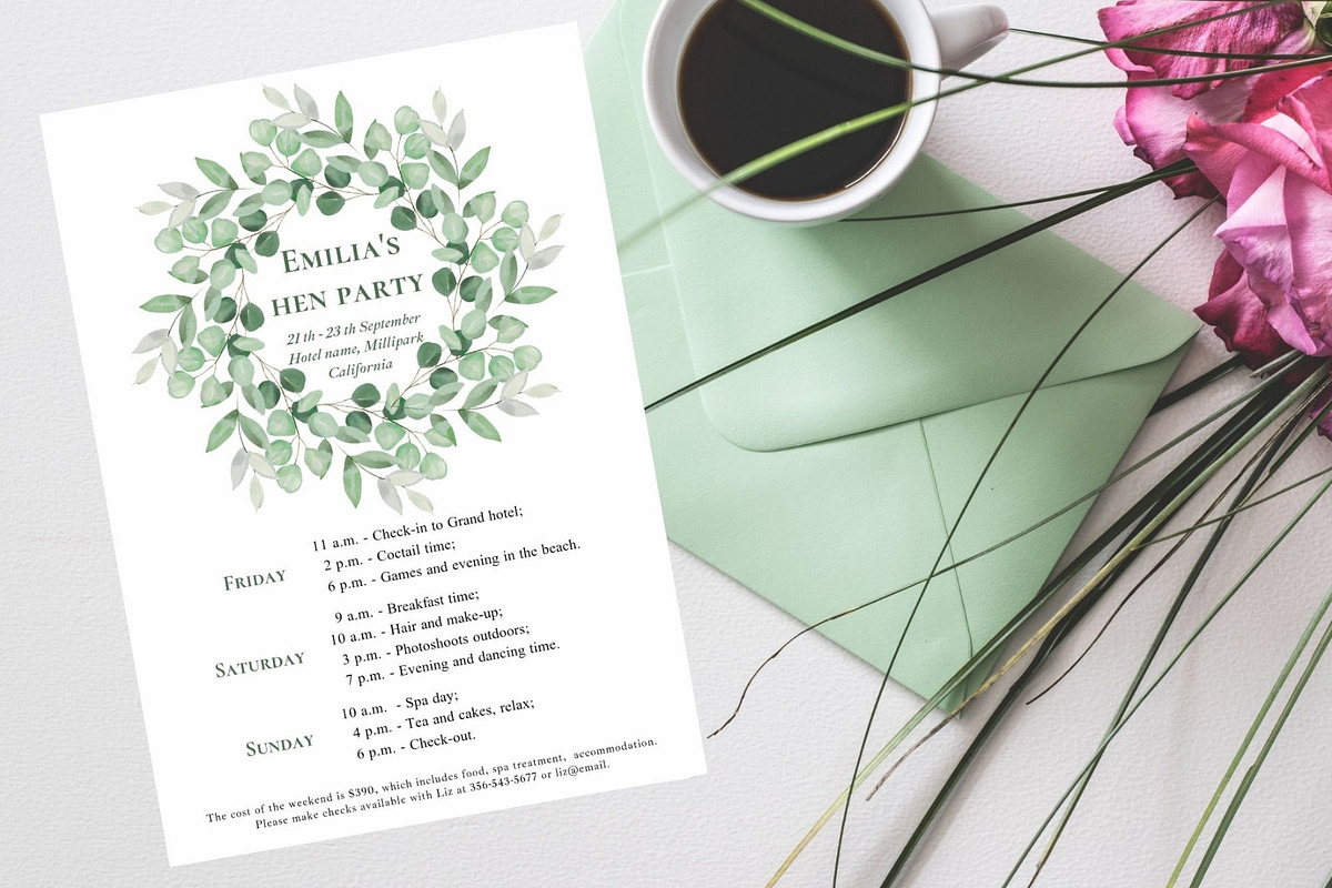 Eucalyptus Hen weekend itinerary, an Invitation Template by EvaTemplates (Photo 4 of 6)