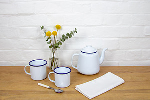 Enamel Teapot And Mugs Mockup Set