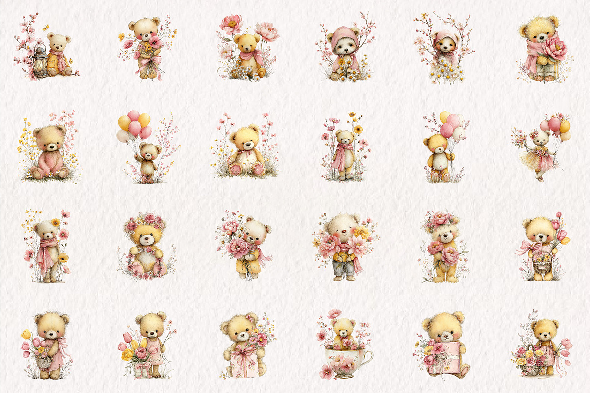 Whimsical Spring Teddy Bear Clipart, an Illustration by CreationArt (Photo 2 of 10)