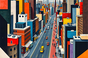 Cubist Surrealism Retro City, a Technology Illustration by Sharon Schwalbe