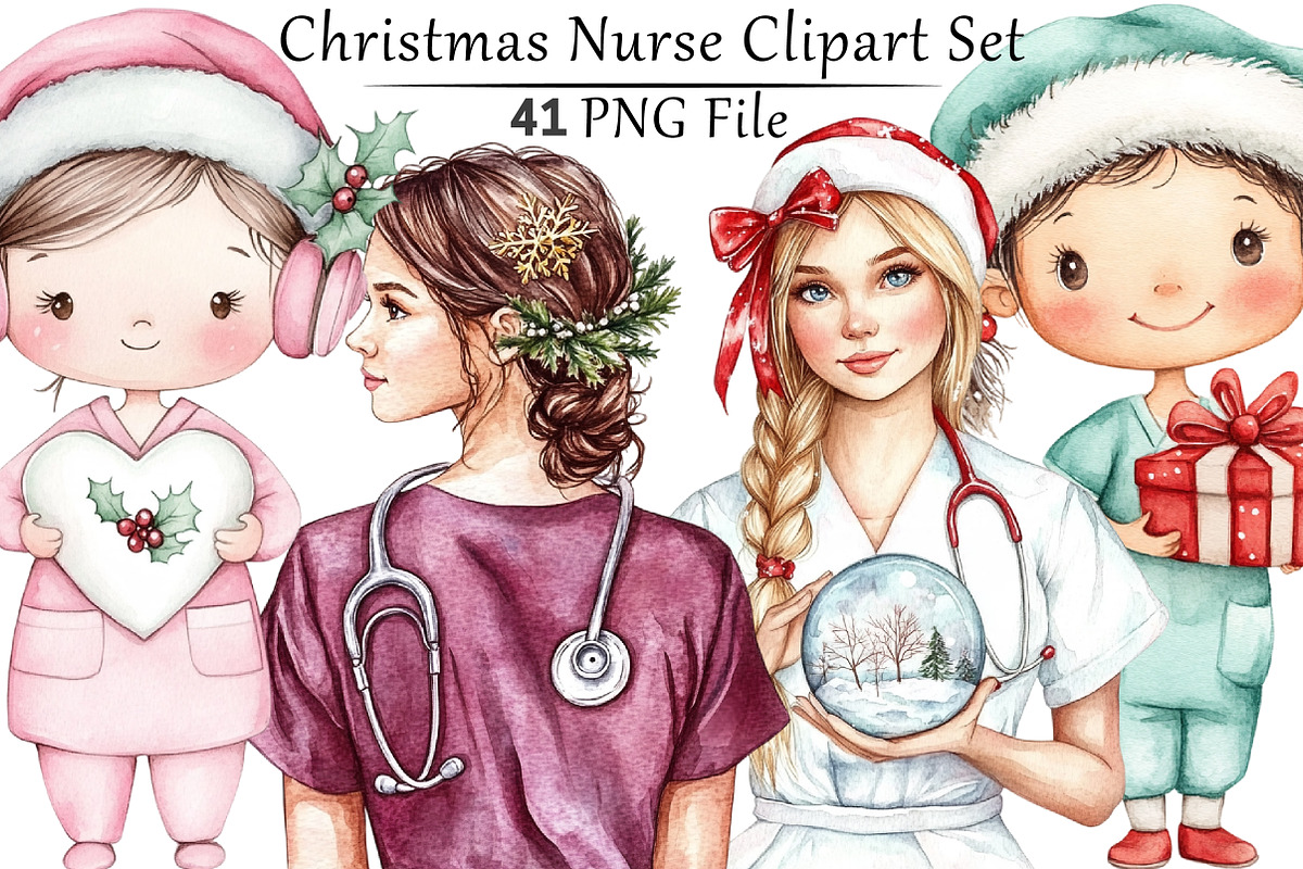 Christmas Nurse Clipart Set, a Seasonal Illustration by CitraGraphics (Photo 1 of 9)