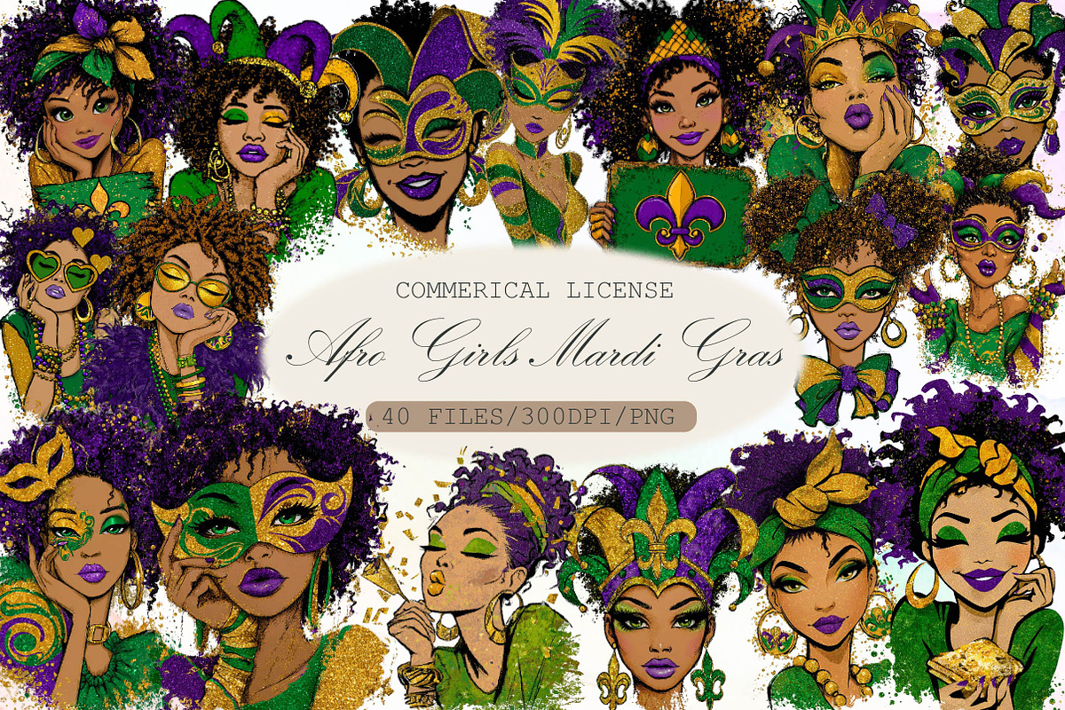 Afro Girls Mardi Gras Clipart, an Illustration by Sublimation Artist (Photo 1 of 6)