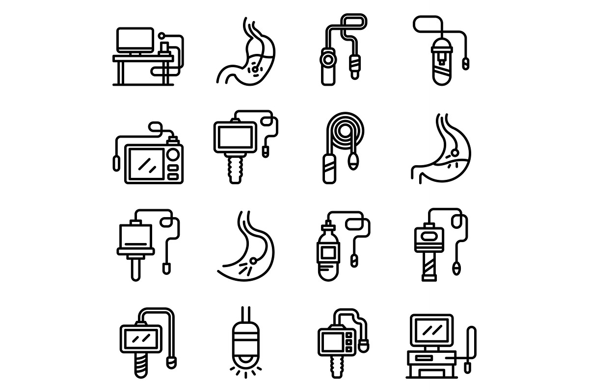 Endoscope icons set, outline style, a Healthcare Illustration by Ylivdesign