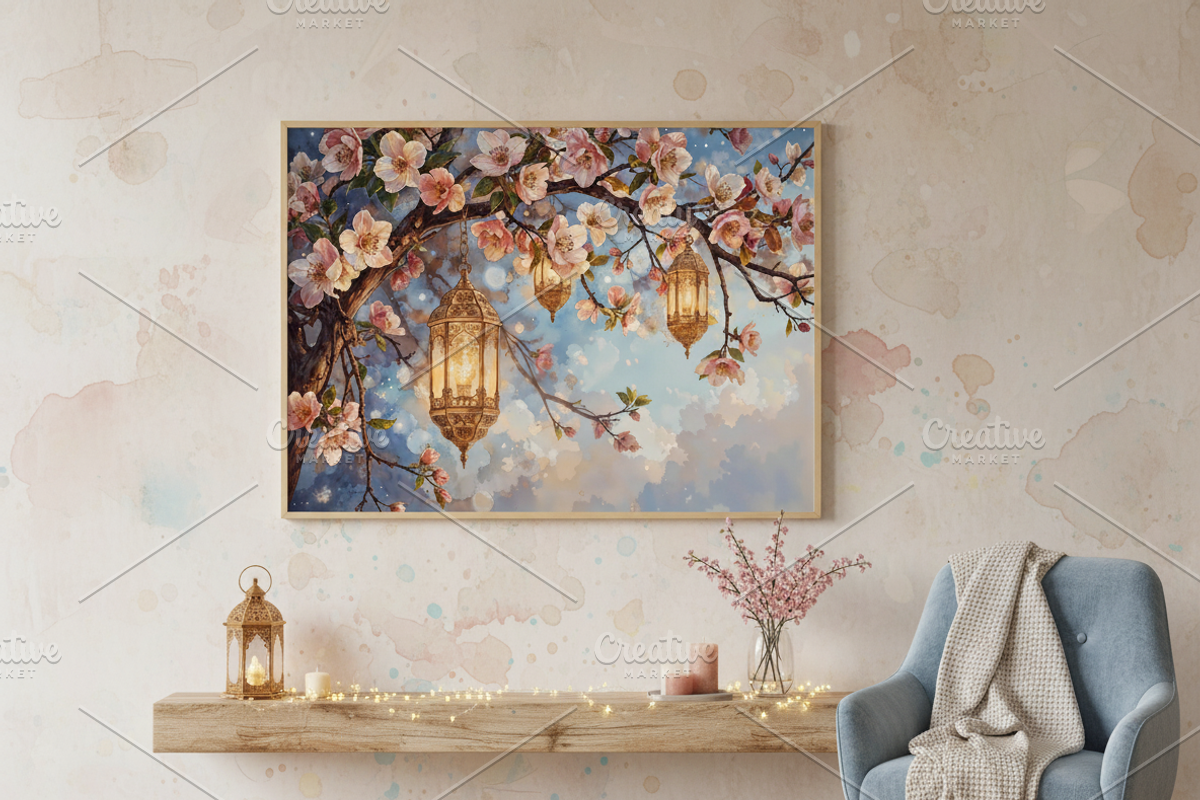 Cherry Blossom Lanterns – Watercolor, a Background Graphic by Floraphoria (Photo 2 of 11)
