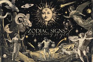 Zodiac signs. Engraving style