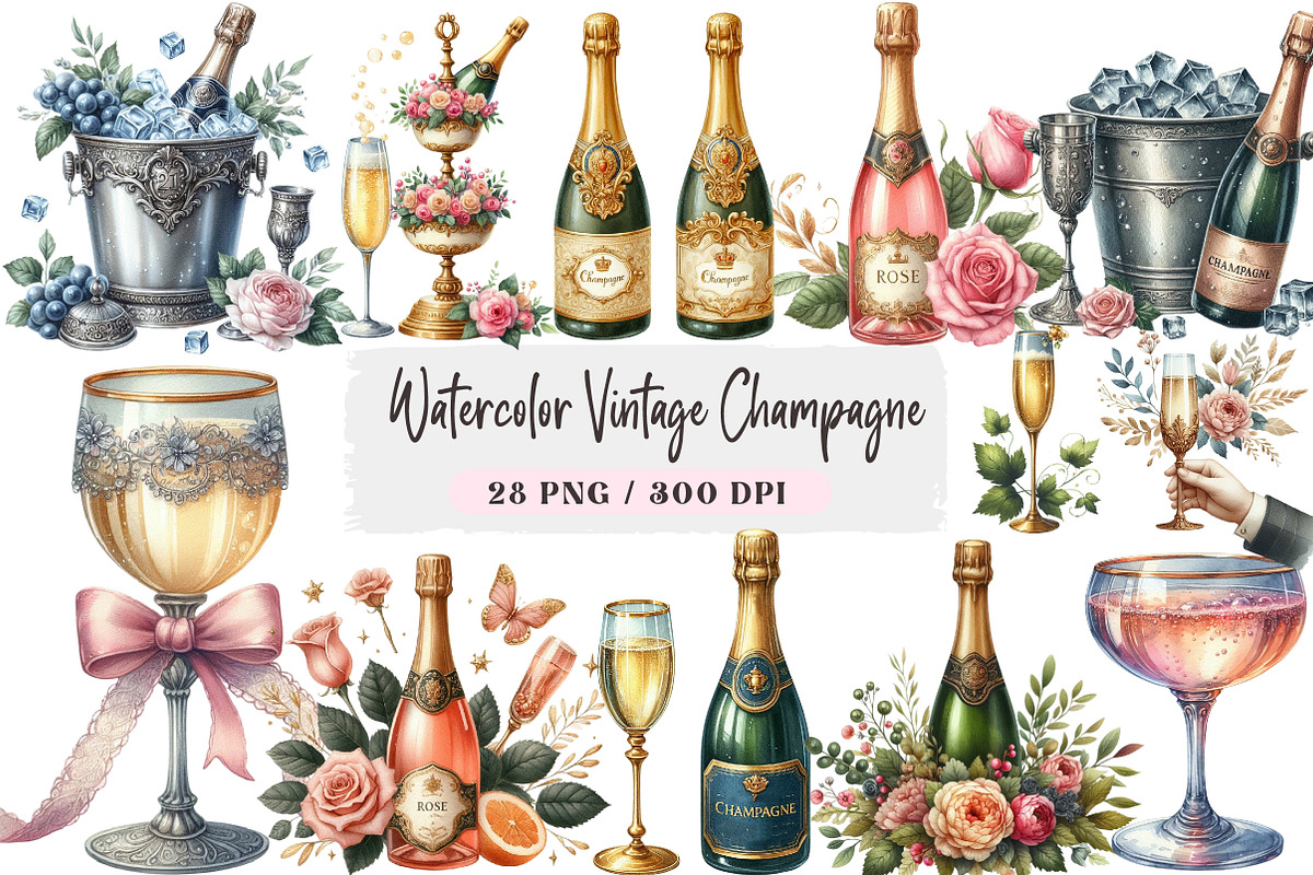 Watercolor Vintage Champagne Clipart, an Illustration by DreamArtGraphic (Photo 1 of 4)