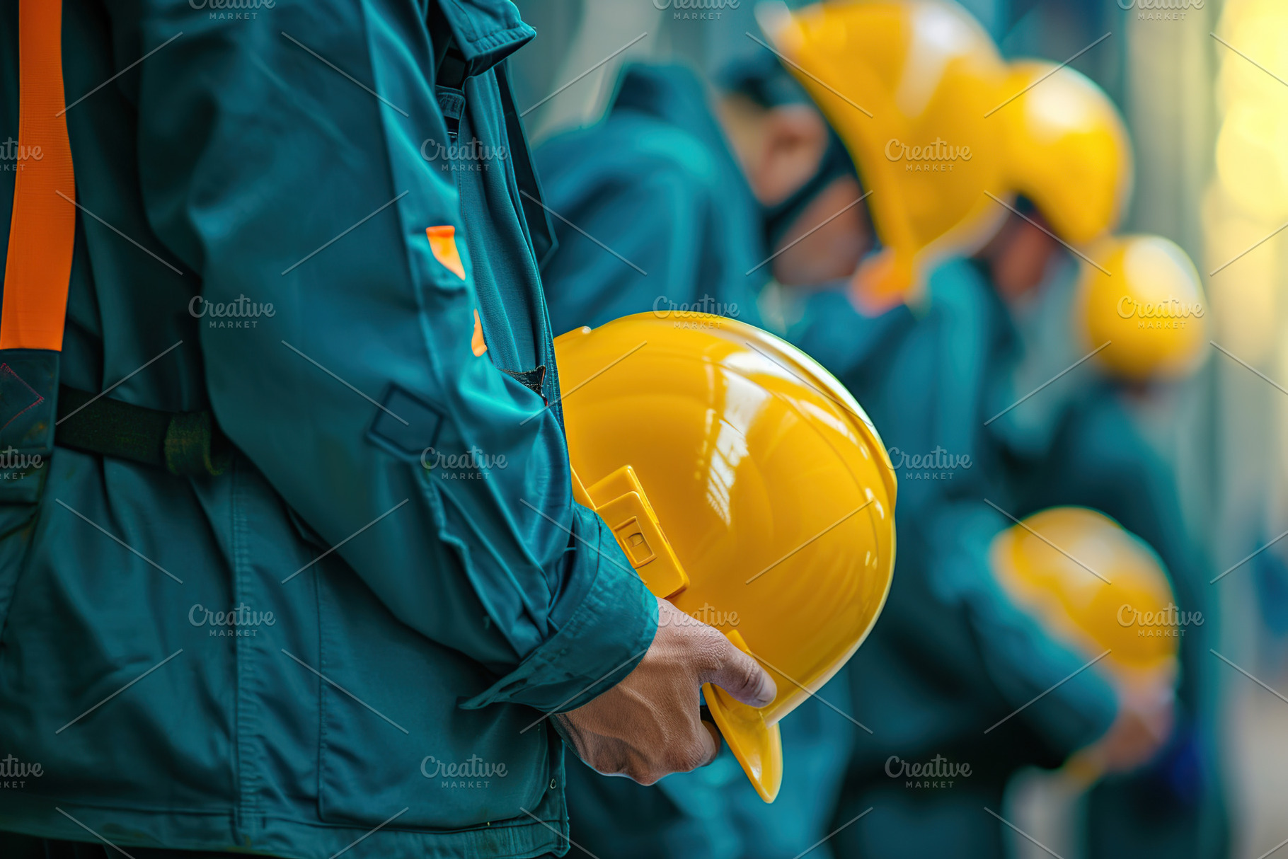 Yellow safety helmet in worker hands on blurred background, an Industrial Photo by AlyaAnd