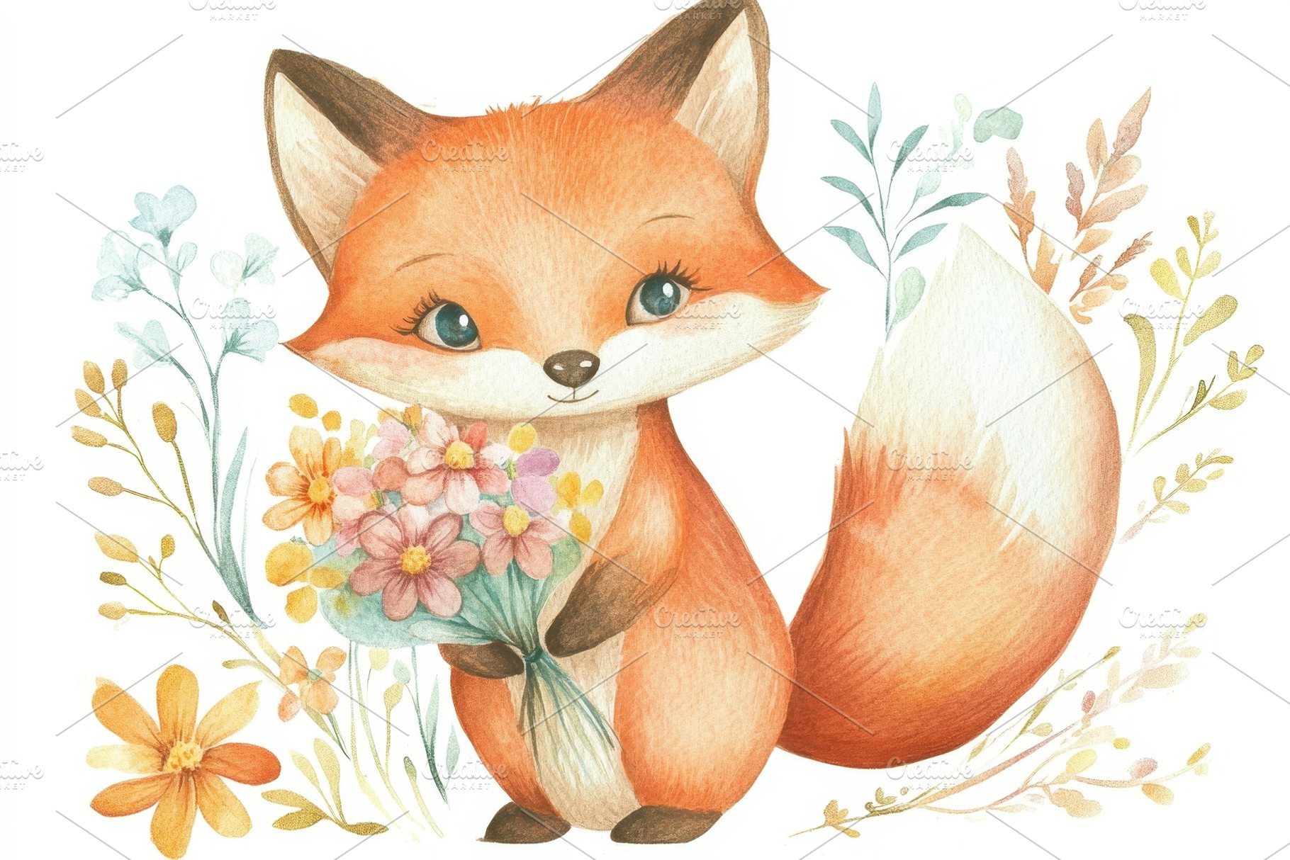 Fox holds flowers in garden, a Photo by Pavel_design