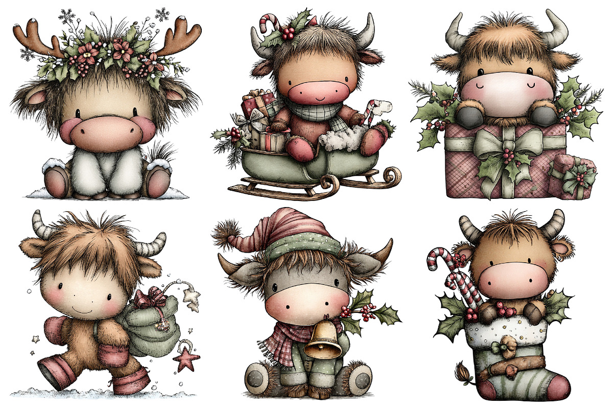 Whimsical Christmas Highland Cow, an Illustration by Pixels.Craft (Photo 3 of 6)