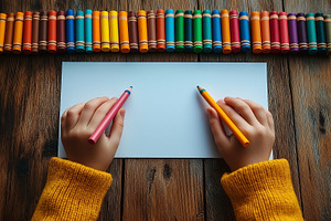 A child's hands ready to create art with vibrant crayons on a blank sheet of pa, a Person Photo by ImageMir