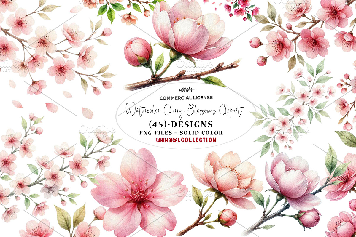 Watercolor Cherry Blossoms Clipart, a Seasonal Illustration by CreationArt (Photo 1 of 7)