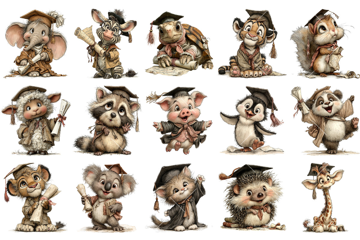 Watercolor Graduation Animals Clipar, an Illustration by OK Design (Photo 3 of 6)