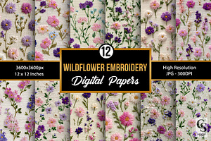Wildflowers Embroidery Digital Paper, a Pattern Graphic by Creative Store