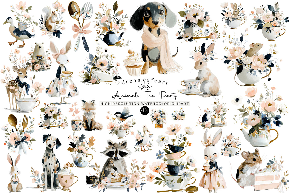 Pastel Animals Tea Party Clipart Set, an Illustration by DreamCafeArt (Photo 1 of 6)