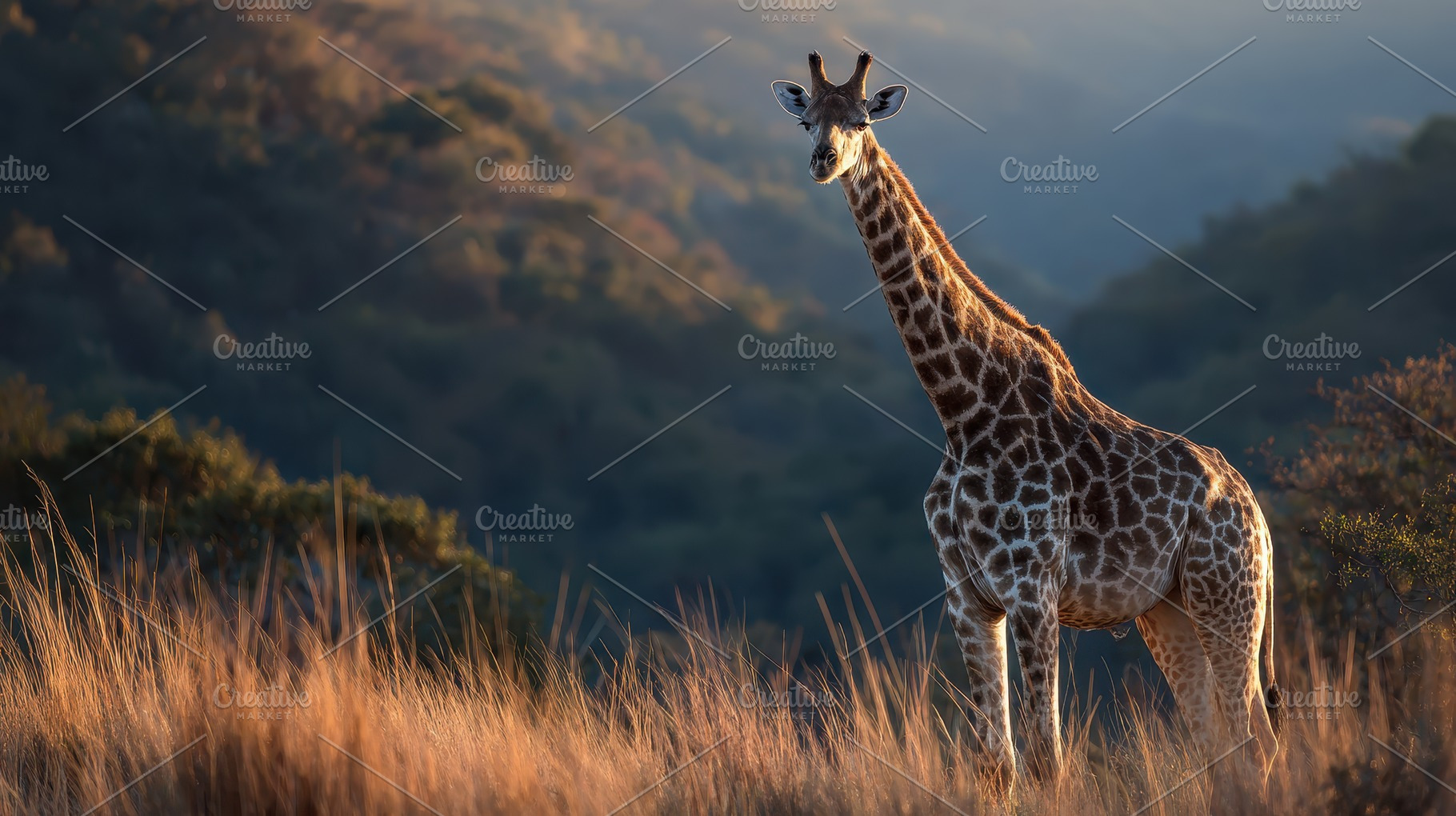 Giraffe in golden African savanna su, a Photo by Pixeness Studio