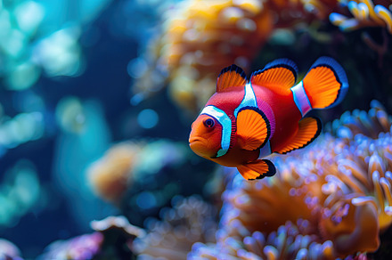 Clownfish in aquarium with blue water and corals, an Animal Photo by AlyaAnd