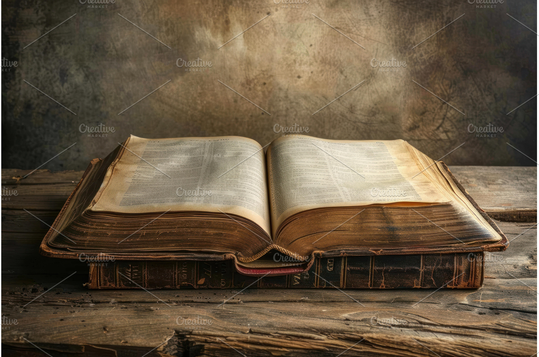 Open antique book resting on rustic, a School & Education Photo by Ylivdesign