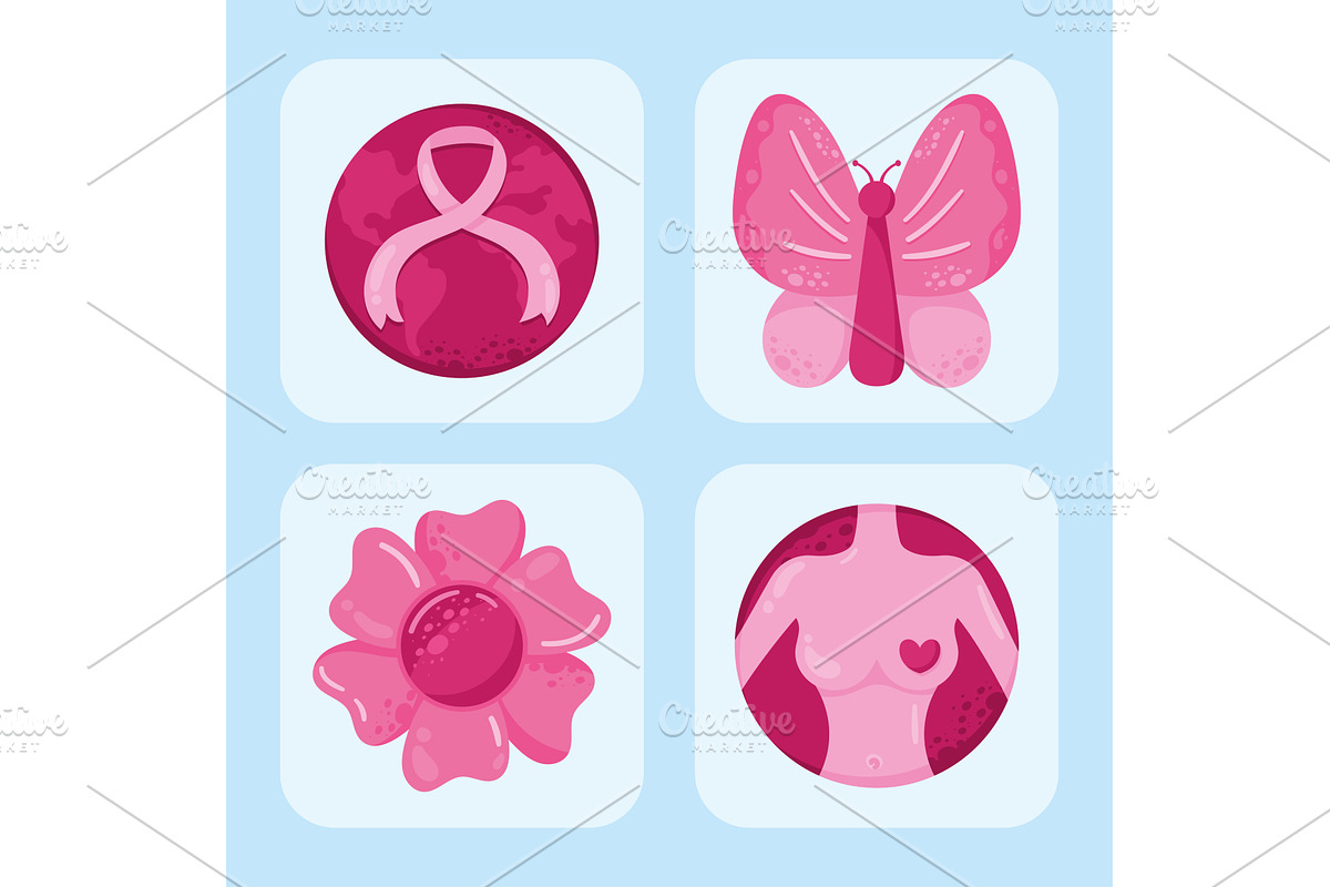 four breast cancer awareness icons, an Object Illustration by studiogstock