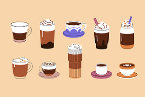 Coffee cups set + banner + patterns, a Food Illustration by PaperTrident