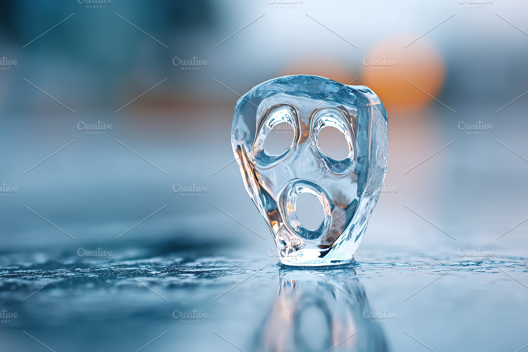 Unique ice sculpture resembling a haunting face displayed in cold setting durin, a Photo by AlyaAnd