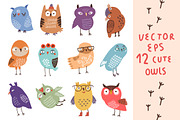 12 owls. Vector and watercolor set, an Animal Illustration by Anna Guz's Store (Thumbnail 2 of 3)