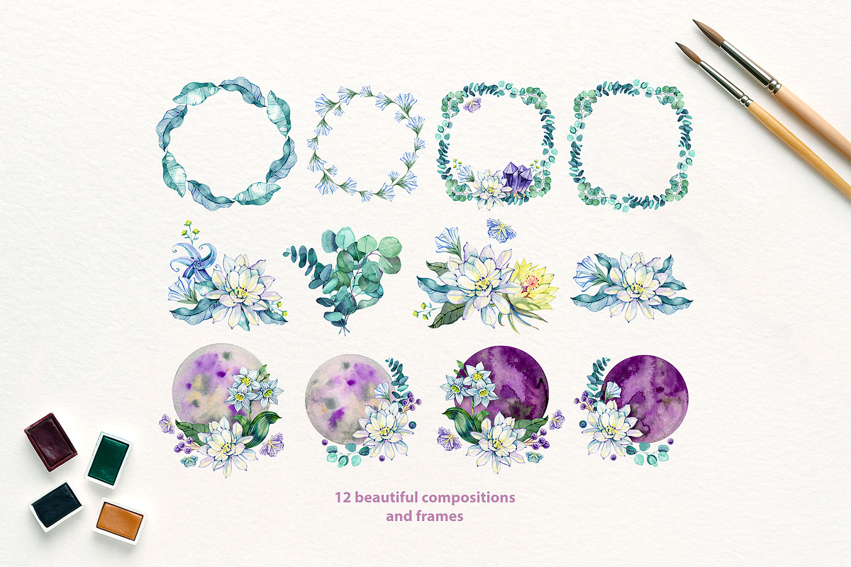 Moon Flowers. Watercolor Clipart Set, a Decorative Illustration by NataliMiasStore (Photo 3 of 6)