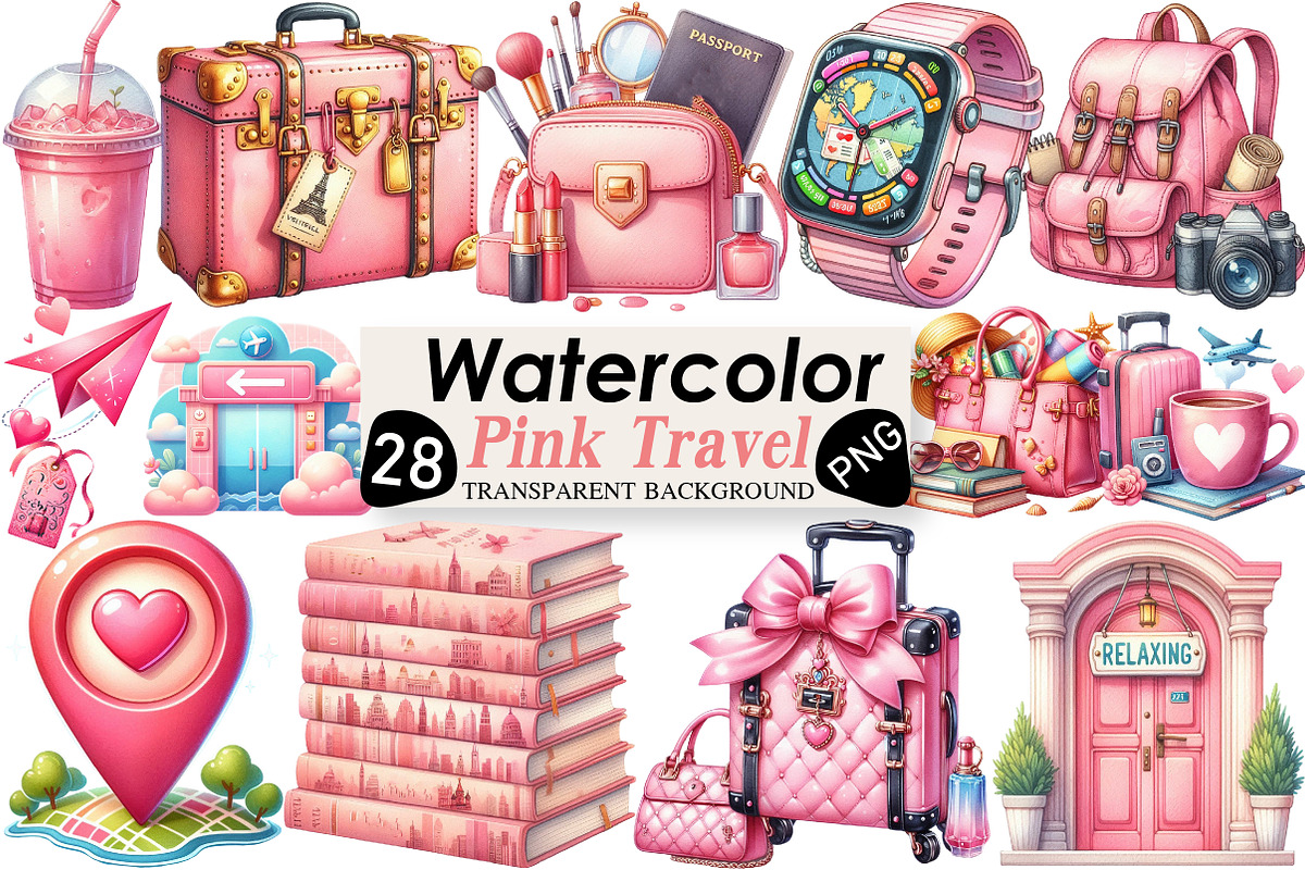 Watercolor Pink Travel Clipart, an Illustration by Black Bird Studio (Photo 1 of 6)