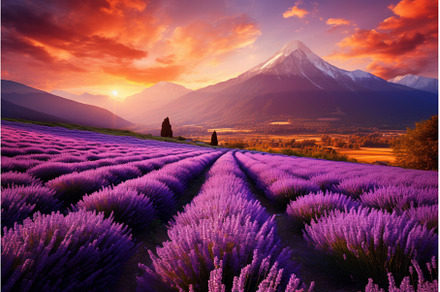 Lavender field mountains. Generate, a Nature Photo by Ylivdesign