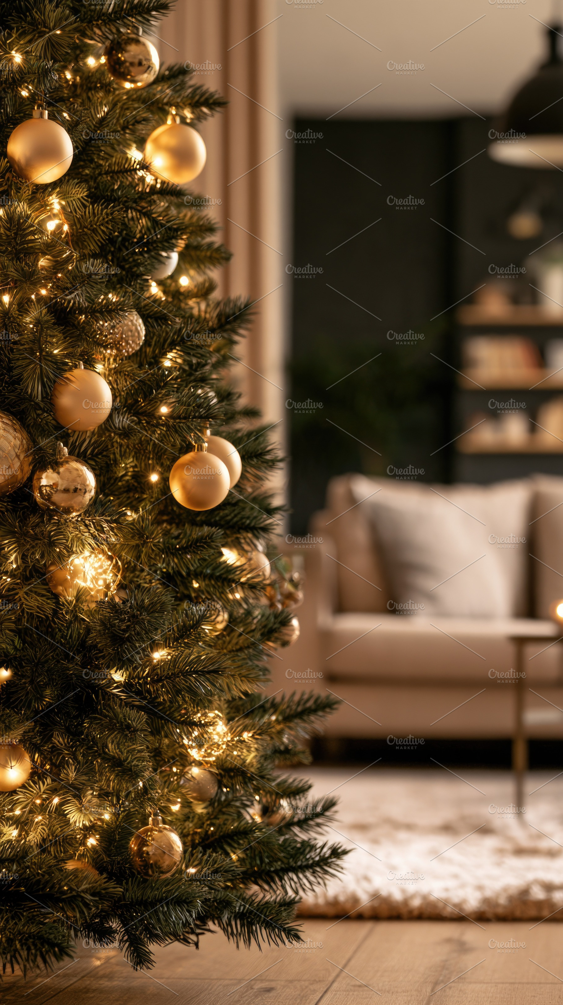 Elegant Christmas tree with warm lights in cozy living room, a Holiday Photo by José Manuel Gelpi