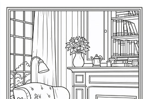 Cozy living room interior with armchair, fireplace, bookshelf, and reading obje, an Illustration by Studio ANNA