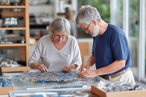 Senior couple assembling puzzle toge, a Photo by Dvoevnore photos