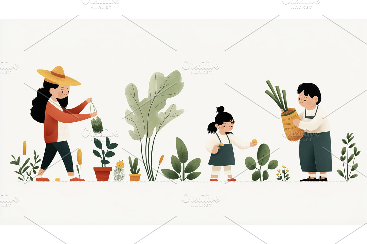 Illustration of a family gardening, an Illustration by Sergey Kotenev