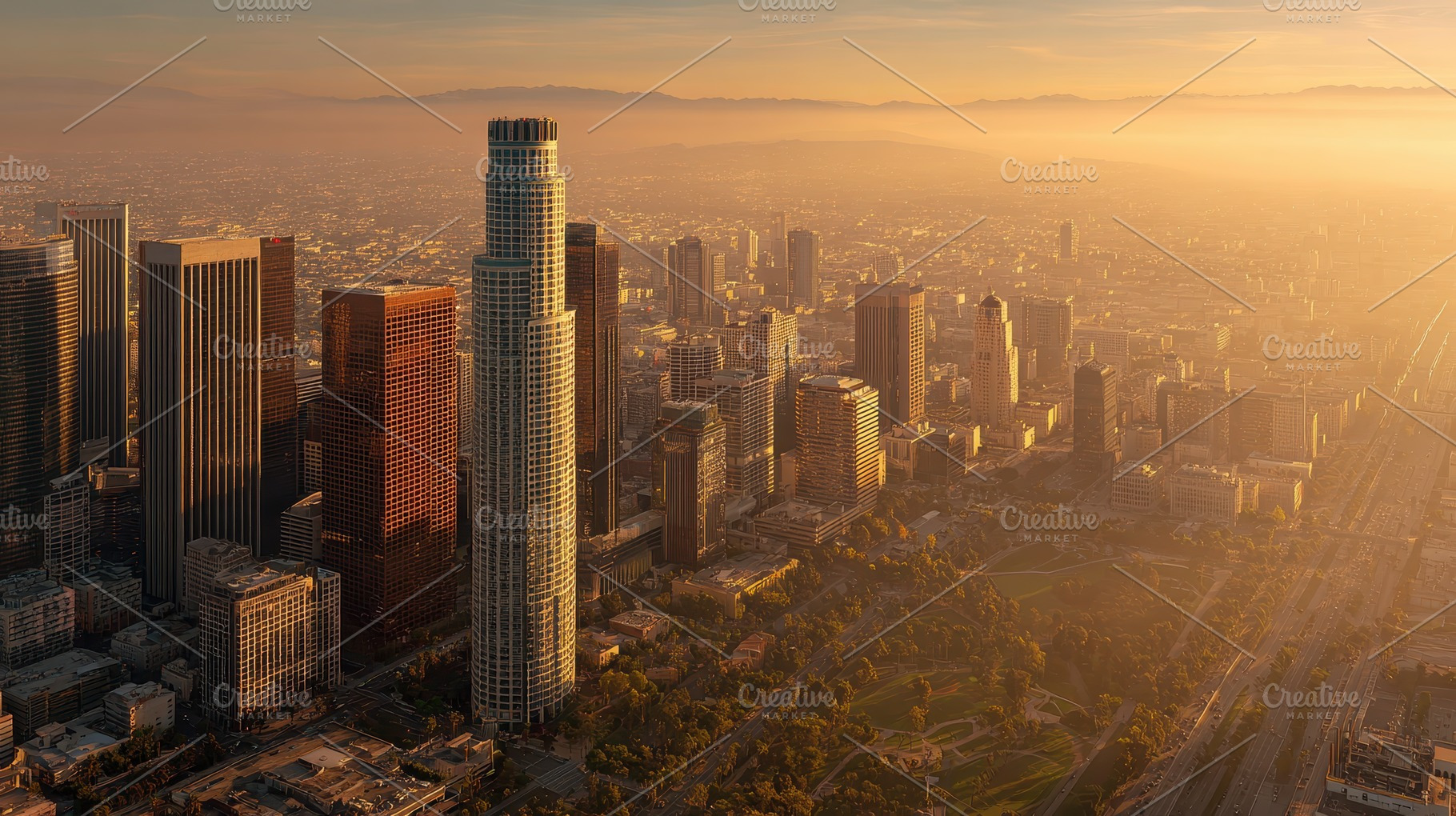 Stunning Sunset over Downtown LA Sky, a Photo by Pixeness Studio