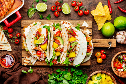 Taco party. Corn tortillas with grilled chicken fillet, salsa sa, a Food & Drink Photo by 5PH