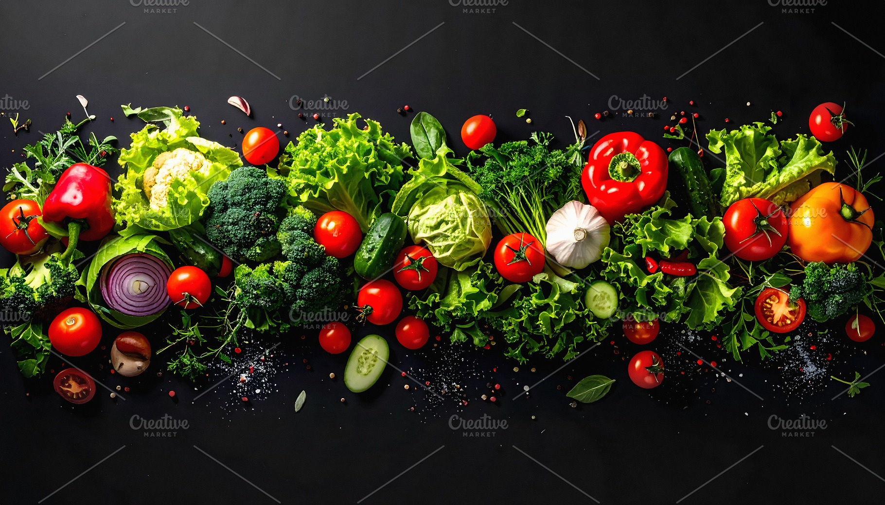 Fresh flying vegetables with tomatoes lettuce broccoli and cabba, a Food & Drink Photo by GoodGoods