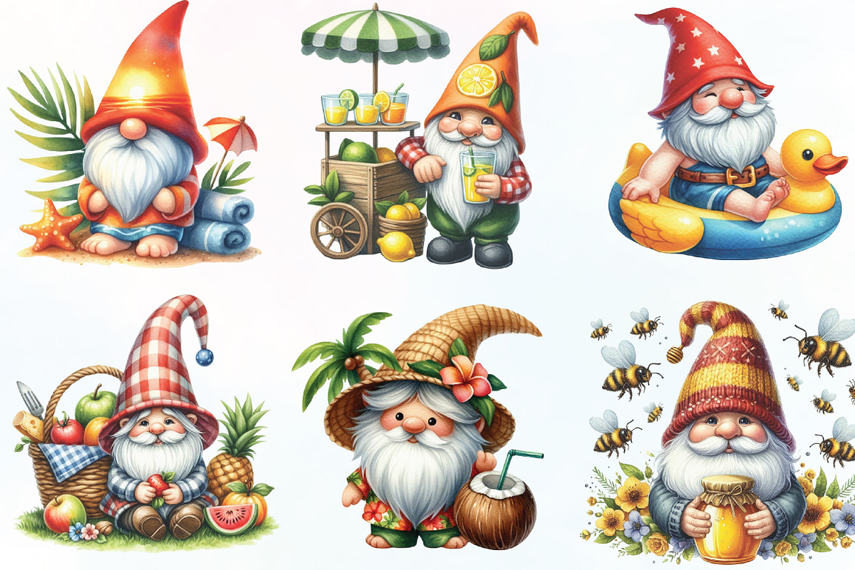Watercolor Summer Gnome Clipart, an Illustration by CraftArtStudio (Photo 2 of 6)